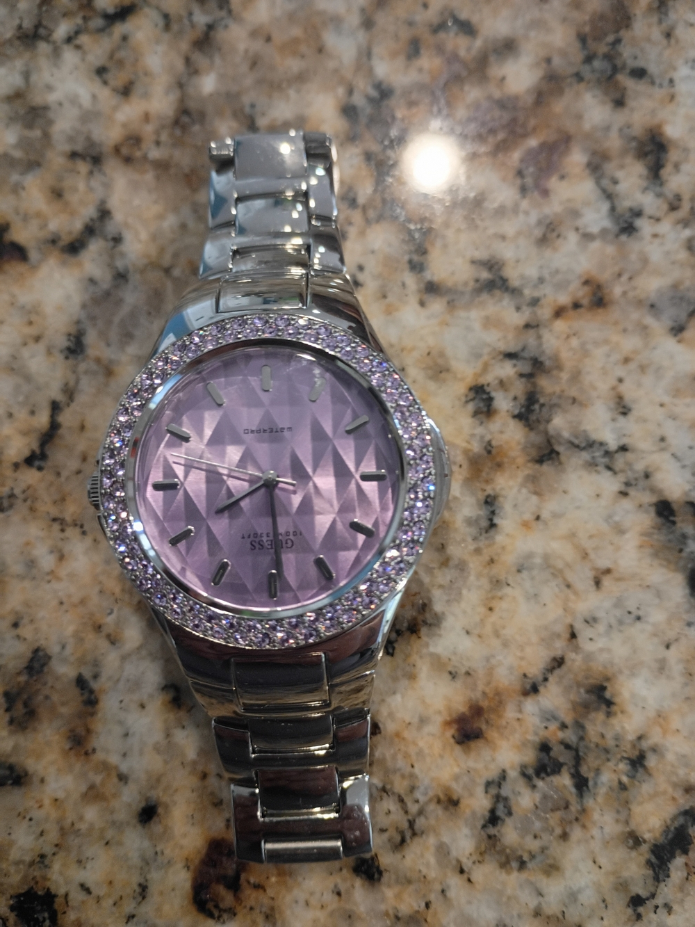GUESS Silver Bracelet Watch with Purple Crystal Dial